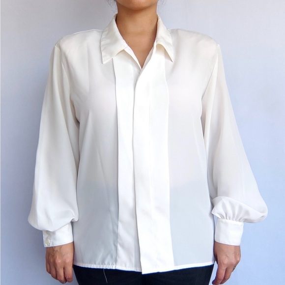 LIZ CLAIBORNE Blouse Classic Placard Covered Front Button Down Long Sleeve White - Picture 2 of 11
